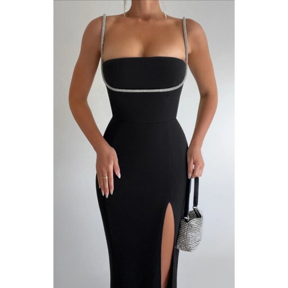 Showpo Sharley Diamante Detail Midi Dress Black Size 12 Holiday New Year - Picture 2 of 7